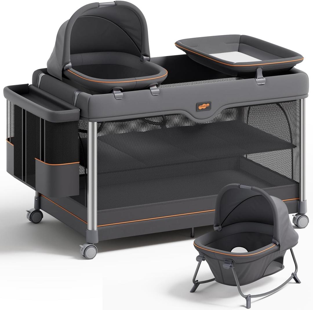 Pamo Babe 6-in-1 Pack and Play with Bassinet One-Step Setup Baby Bassinet, Portable Playard, Travel Crib with Mattress, Changing Table, Storage Bag & 4 Wheels Travel Playpen for Baby (Gery)