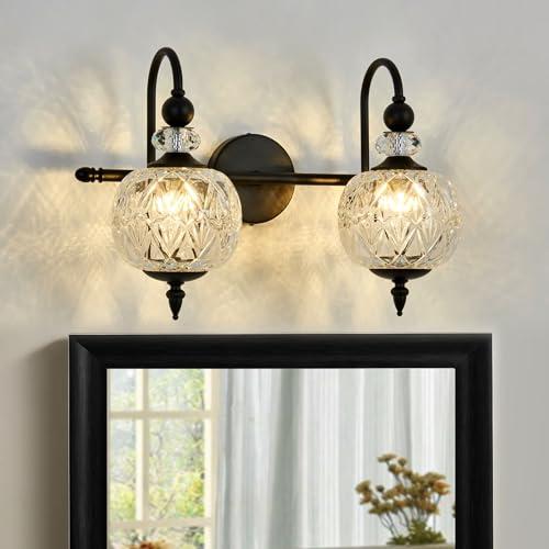 Piepooye Vintage Bathroom Light Fixtures Black Vanity Light with Glass Globe LampShade 2 Lights Mid Century G9 Bulb Wall Sconce Indoor Vanity Light Over Mirror for Kitchen Bedroom Farmhouse