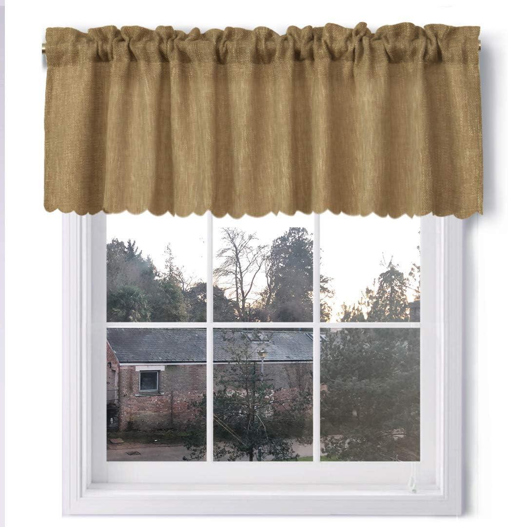 VORTTA Burlap Look Valance Curtains Soft Natural Rustic Tan Kitchen Curtains Rod Pocket Window Treatment Valance with Scalloped Floral Hem 56 inch by 18 inch