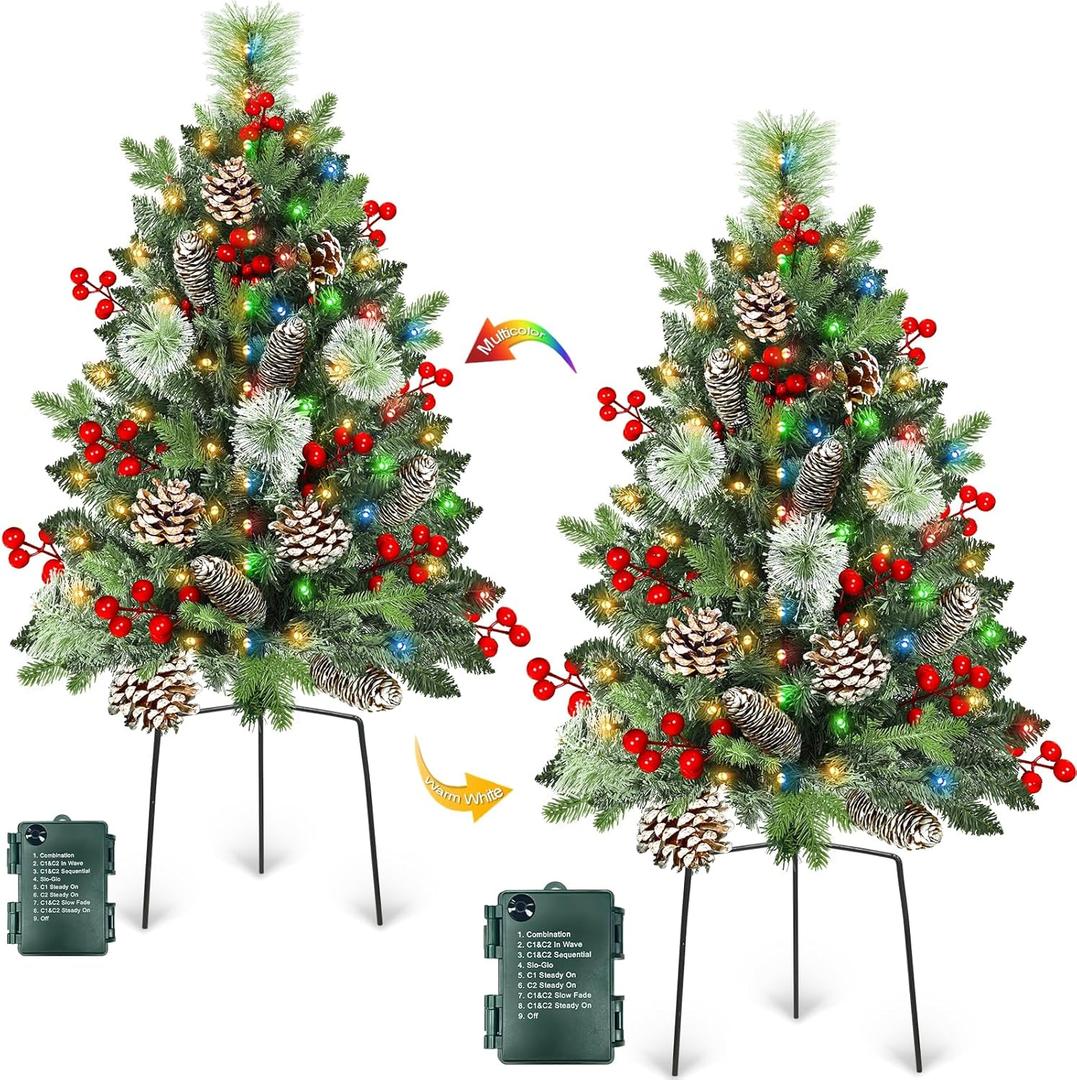 33" 2 Pack Outdoor Christmas Tree Urn Fillers 8 Modes Timer Battery Operated Christmas Decorations Outdoor Indoor Pinecones Berries Tripod Stakes Yard Porch Lawn