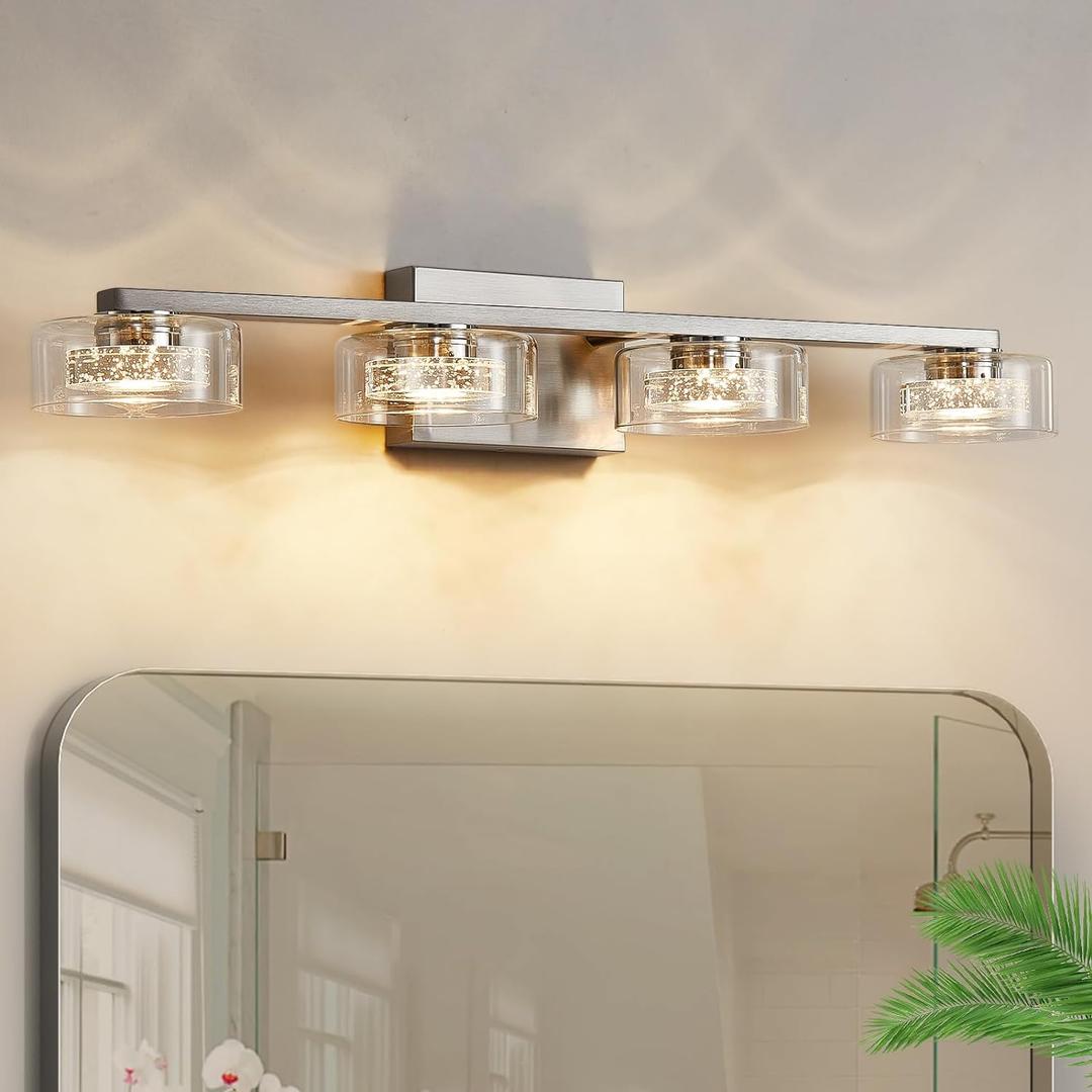 Bathroom Light Fixtures, Dimmable LED 4 Light Bathroom Vanity Light Over Mirror, Modern Crystal Brushed Nickel Vanity Lights with Clear Glass Shade for Bedroom Living Room