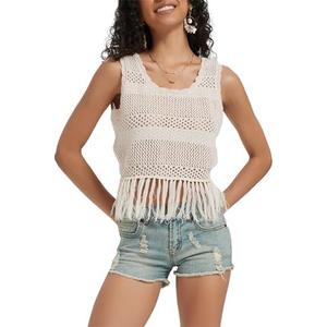 Ross&Freckle Women's Summer Swimsuit Bikini 2025 Beach Swimwear Crochet Cover up Hollow Out Crop Sleeveless Swim Outfit, Beige, Size XXL