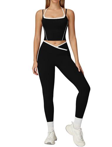 Womens Workout Sets Two Piece Spaghetti Straps Back Tank Top Matching Tummy Control High Waist Leggings Set 2 Piece For Women Gym Yoga Active Wear Outfits Athletic Work Out Set Color Block S V-Black