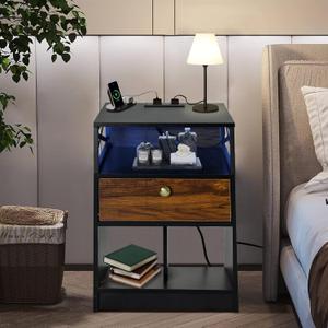 Nightstand with Charging Station and LED Lights, Bedside Table with USB Ports and Outlets for Bedroom, Side Table with Storage for Small Spaces, Black and Rustic Brown
