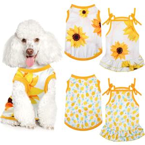 Frienda 4 Pieces Dog Clothes Set Include 2 Pcs Cute Pet Dress Lovely Dog Dress and 2 Pcs Breathable Pet T Shirt Puppy Clothes(Pineapple, Sunflower,Medium)