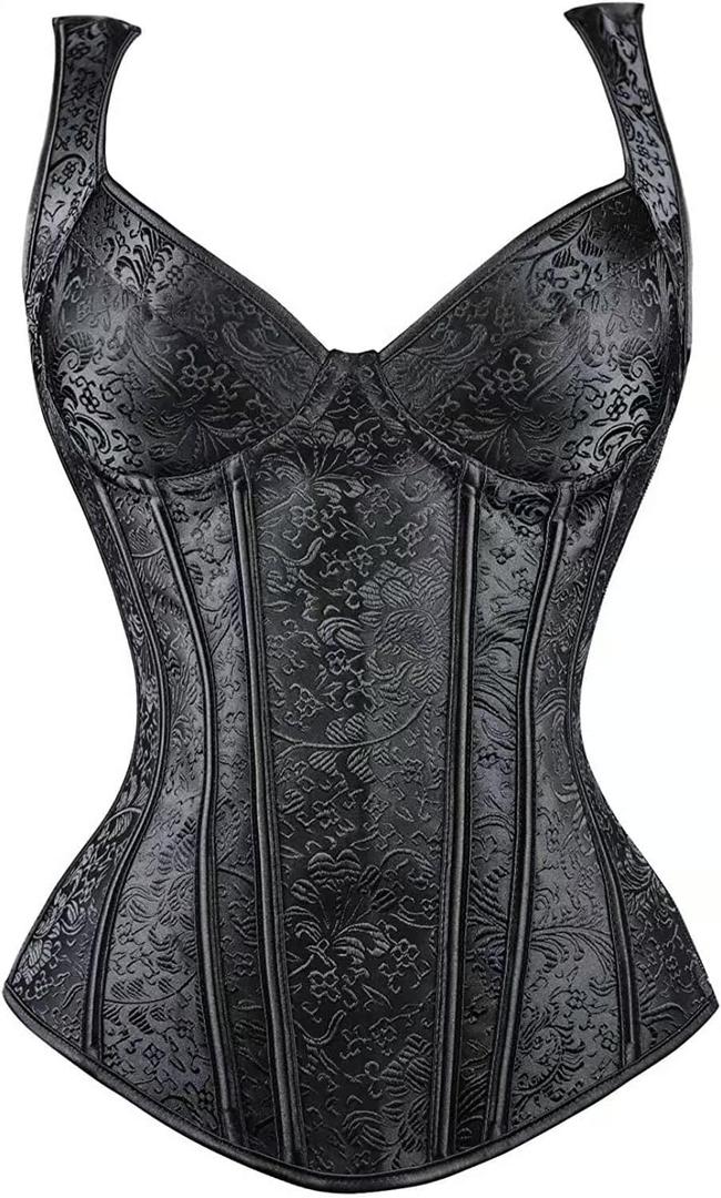 Women's Lace up Gothic Jacquard Shoulder Straps Tank Overbust Shaper Corset Bustiers Top (Black), XS