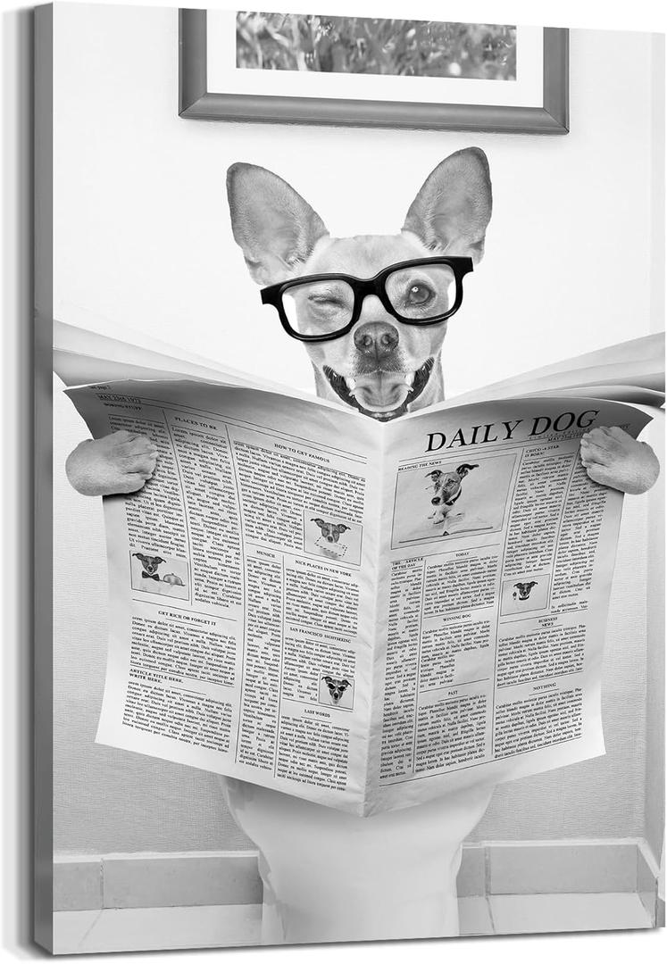 Bathroom Wall Art Canvas Picture: Funny Animal Print Decor Modern Dog on Toilet Artwork Black White Puppy Reading Newspaper Painting for Home Restroom 11 x 16 Inches