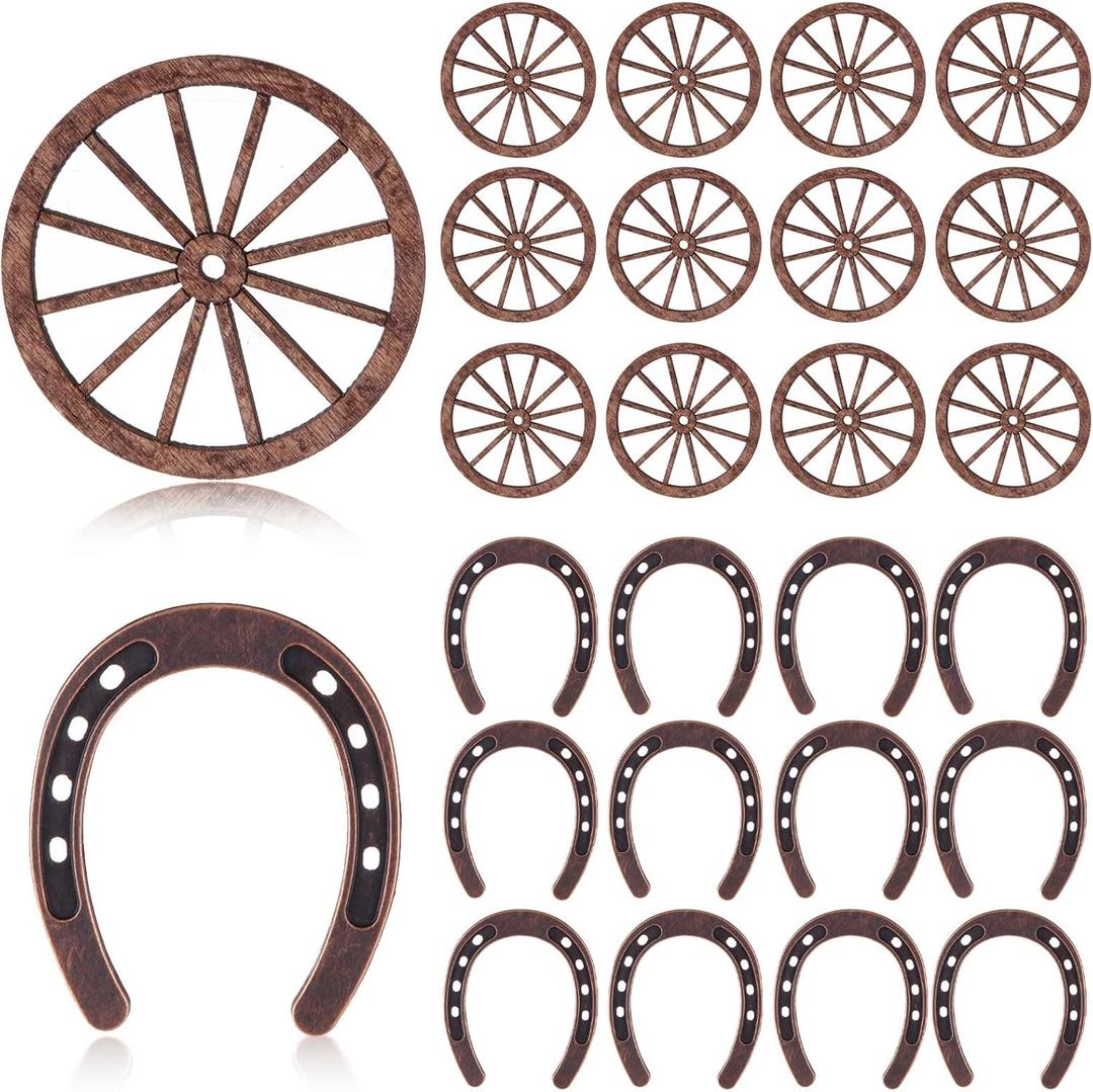 Junkin 48 Pcs Western Theme Party Decorations Mini Horseshoes Wagon Wheel Crafts Western Table Centerpieces Lucky Horseshoe for Wedding Party Favors Supplies Cowboy Cowgirl Birthday Decoration