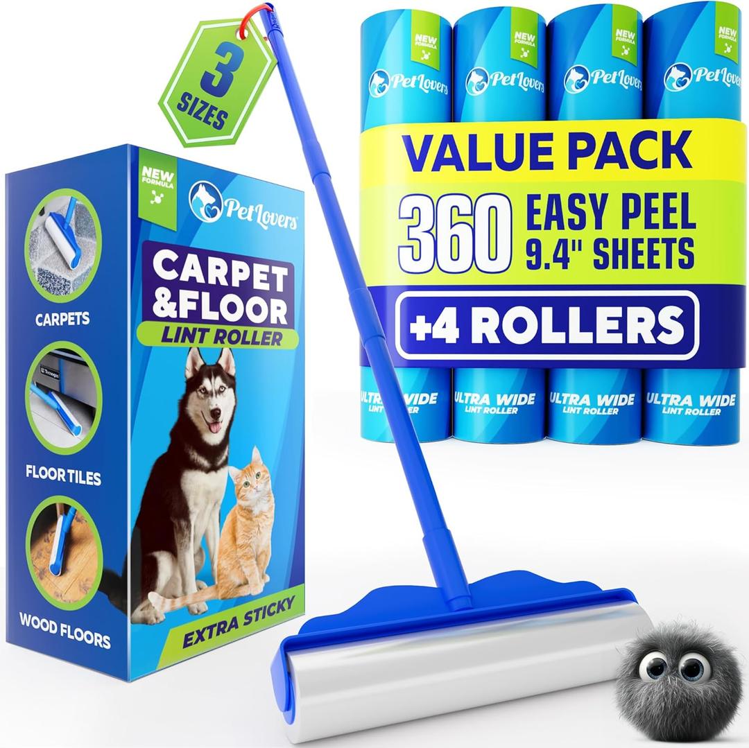 PetLovers Large Lint Roller with 3 Refills  360 Total Sheets for Tackling Pet Hair, Extra Large Floor and Carpet Roller for Homes with Pets, Perfect for Floors, Furniture, and Loving Pet Owners
