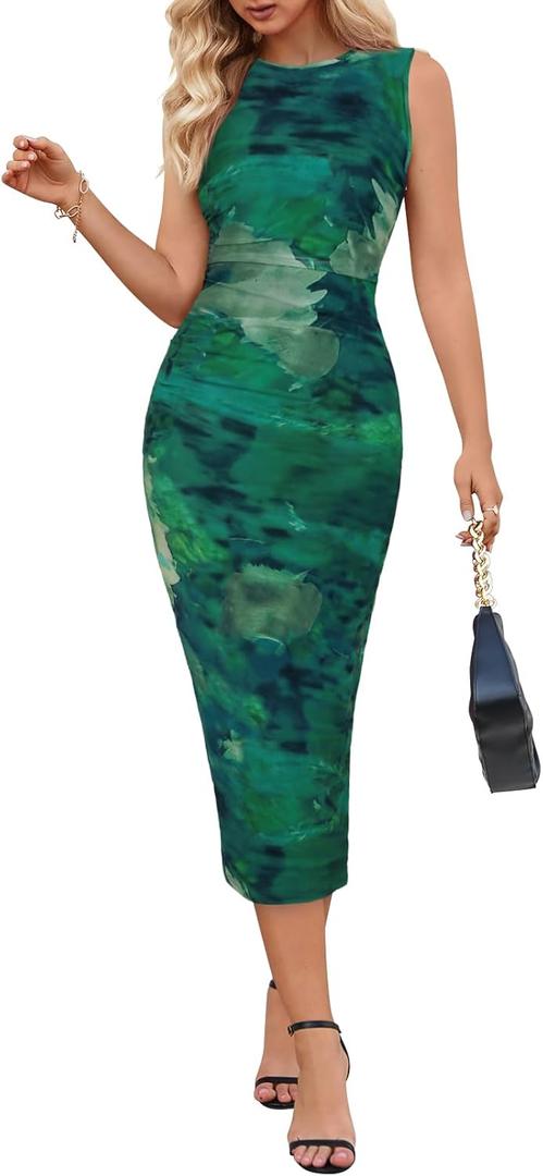 MEROKEETY Women's Summer Bodycon Tie Dye Dress Sleeveless Crew Neck Mesh Cocktail Party Maxi Dresses (Medium, Green)