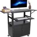 Rolling AV Cart with Locking Cabinet, Laptop Stand, and Drop Leaves, Height Adjustable Mobile Utility Cart Workstation with Extra Storage Space, Power Strip