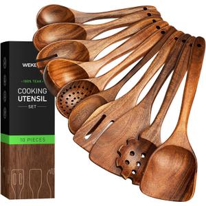 10 Piece Natural Teak Wooden Utensil Set, Wooden Spoons & Spatulas for Cooking, Non Toxic Kitchen Utensils Set, Easy to Clean, Durable, Ergonomic, Kitchen Essentials for New Home, Gifts for Women