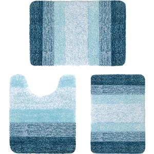 Microfiber Bathroom Rugs 3 Pieces, Bath Rugs Size 24x16 2 Pieces, and 1 Piece Contour Rug 24x20 in Peocock Blue, 3 Item Bundle