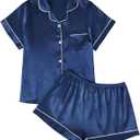 LILLUSORY Silk Satin Pajama Set for Women 2 Piece Lounge Pjs Winter Matching Summer Sleepwear Button Down Shirt Shorts (S)