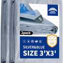RAINDEWAY Small Tarps Waterproof 3x3 Feet（Pack of 2） 5.5 Mil Thick, Multipurpose Waterproof Poly Tarp Cover，Camping Tarpaulin Silver/Blue Tarp Finished Size