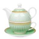 fanquare Tea for One with Gold Trim, Green Teapot Set for Adults, Ceramic Coffee Cup with Saucer, Classic Stripes