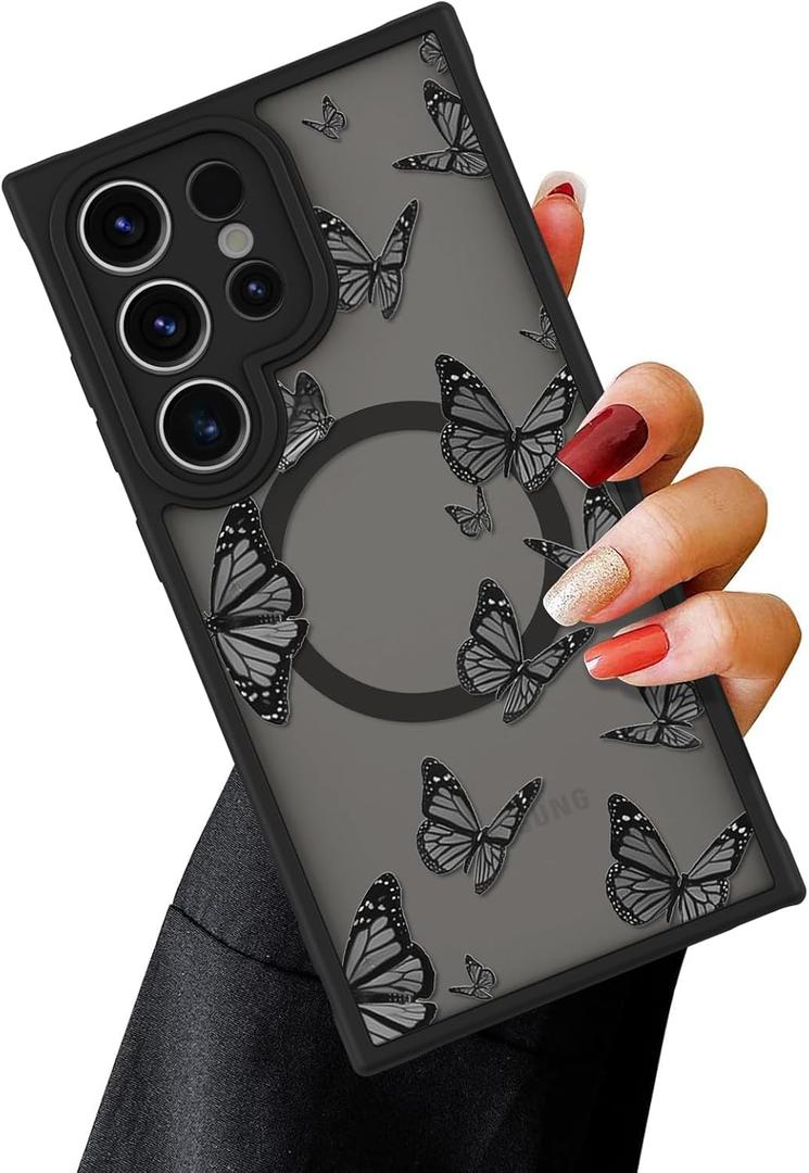 OOK Magnetic for Samsung Galaxy S24 Ultra Case [12FT Military Grade Drop Tested] [Compatible with MagSafe] Protective Full Body Protection Phone Case for S24 Ultra Case, Black Butterfly