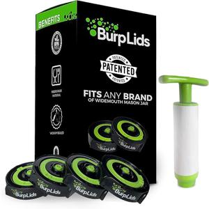 Wide Mouth Mason Jar Lids for Curing, Harvesting, Fermenting, Canning. Vacuum Sealed Patented Tech that Includes 4 Lids with Extraction Pump By Burp Lids