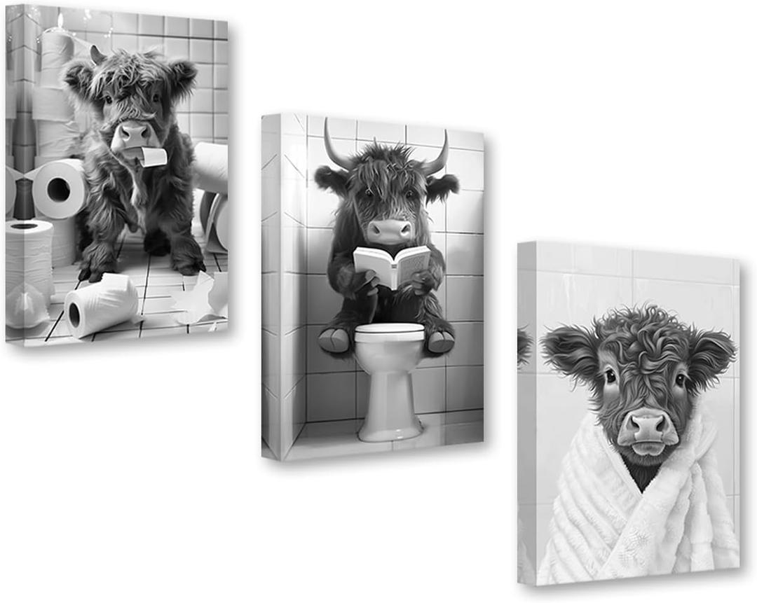 DOARTDO Highland Cow Bathroom Wall Art Funny Animal Canvas Prints 3 Pieces Black and White Cattle Pictures Cute Animal Painting Restroom Toilet Decor Framed (16x24inchx3Pcs)