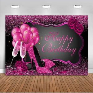 Mocsicka Red Glitter Women's Birthday Backdrop Red Champagne Balloons Roses Birthday Party Decorations Photography Background Sweet Girl's Birthday Photo Backdrops (6'x4')