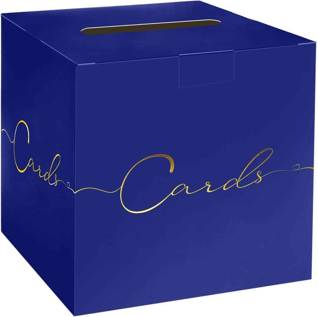 HEIPINIUYE Large Card Box for Party 9.8" x 9.8" Navy Blue Card Box with Gold Foil Design Envelope Box Gift Card Holder Box for Wedding Birthday Baby Shower Retirement Graduation Party Raffle Box