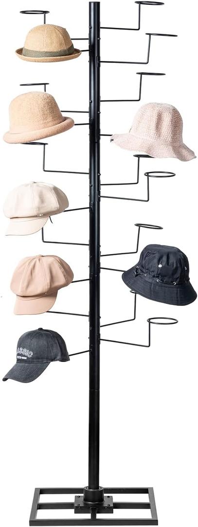 MyGift Modern Freestanding Hat Rack Organizer, 360 Degree Rotating Cowboy Hat Display Stand with 20 Customizable Circular Hooks, Black Metal