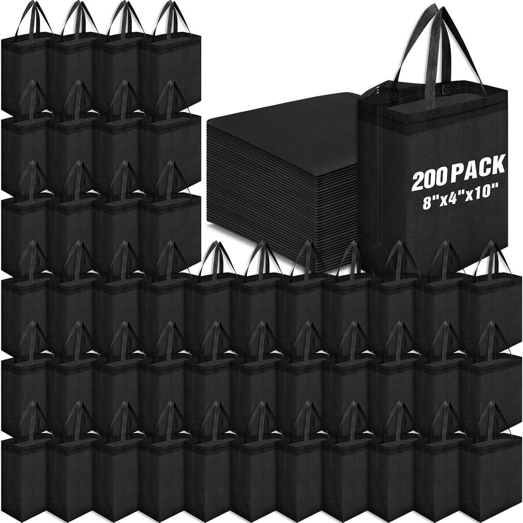 Windyun 200 Pcs Reusable Tote Bag Bulk 8 x 4 x 10 Inch Non Woven Shopping Bag with Handle Reusable Grocery Gift Tote (Black)