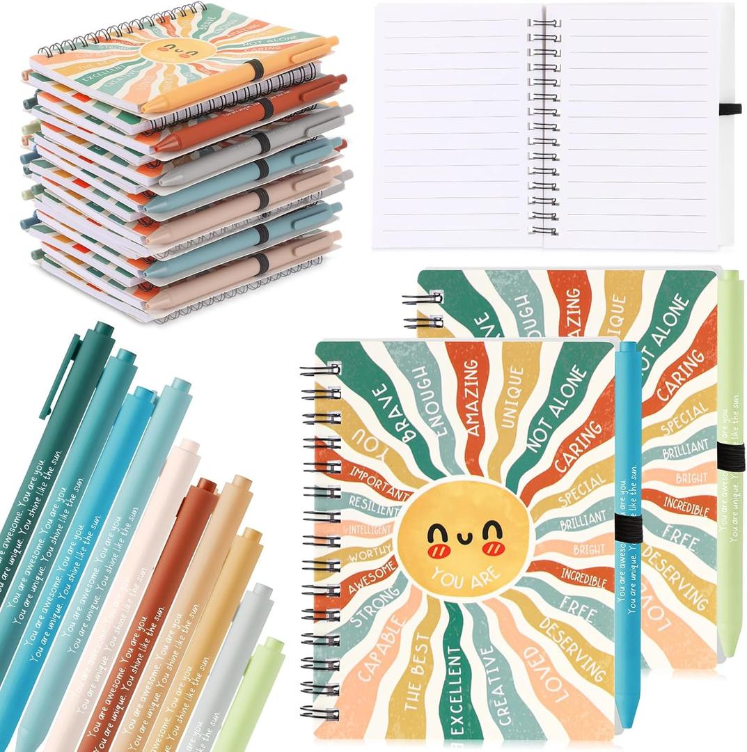 Thenshop 60 Pcs Mental Health Awareness Gifts Bulk 30 Self Care Notebook Journals 30 Positive Affirmation Pens for Women Office Staff Nurse Teacher Appreciation Student End of Year Gifts (Sunshine)