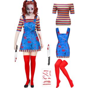 Xtinmee 5 Pcs Women Halloween Nightmare Killer Doll Deluxe Costume Rainbow Stripe Nice Guy Cosplay Movie Character Outfit, L
