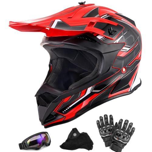 OUMURS Adult Dirt Bike Helmet ATV Helmet with Goggles Gloves & Mask Adjustable Sun Visor DOT/FMVSS-218 Motorcycle Adult ATV Helmet Off-Road Motocross Downhill Moped MX for Unisex-Adult-Red Black, L