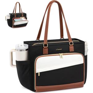 LOVEVOOK Teacher Tote Bag, Laptop Bag for Women with Large Cup Holder & Accordion File Area, Work Tote Bag for Business (15.6 inch, Black-beige-brown)