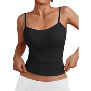 Trendy Queen Womens Adjustable Camisole Sleeveless Square Neck Spaghetti Strap Tank Tops Basic Shirt (Small, Black)