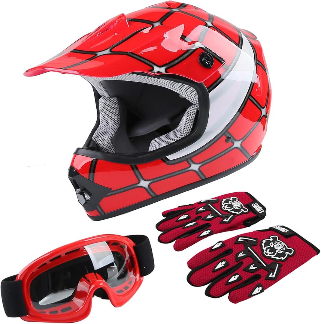 TCT-MOTORPARTS DOT Youth Kids Dirt Bike Full Face Helmets Motocross ATV Offroad Four Wheeler Helmet Red Spider Medium Size