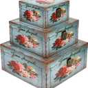 Jolitac Wood Storage Box Set of 3, Vintage Decorative Nesting Boxes Wooden Treasure Storage Crates With Latch, Home Decor Rustic Antique Boxes With Lid for Photos, Jewelry, Cash (Bloom)