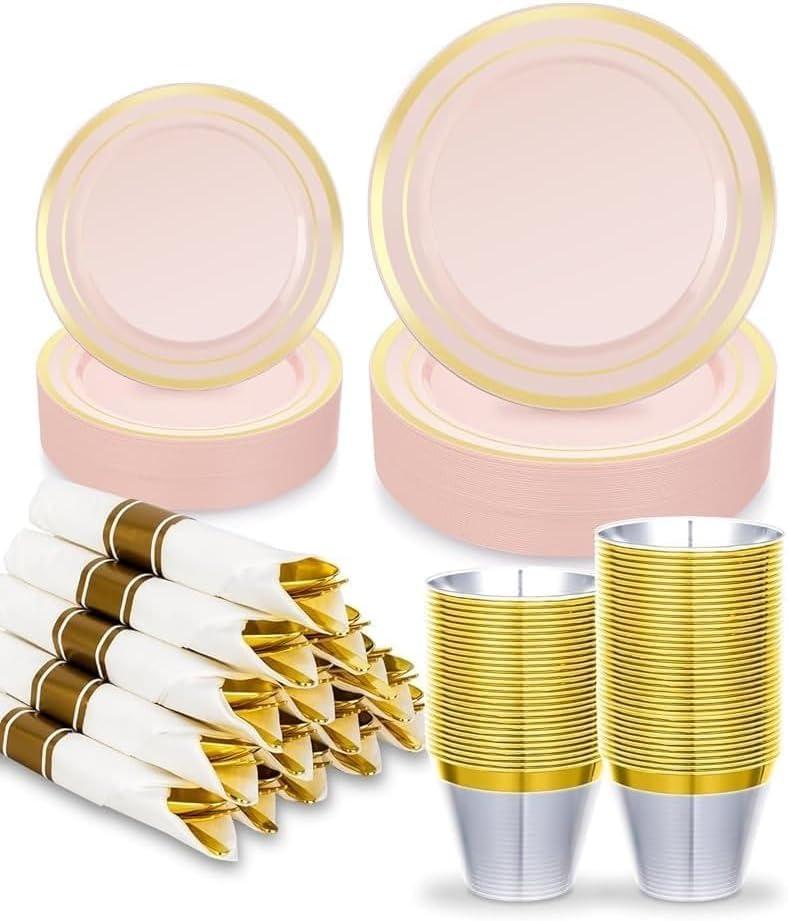 175PCS Pink Plastic Dinnerware Set, Disposable Party Plates for 25 Guests, Include: 50 Pink and Gold Plastic Plates, 25 Pre Rolled Napkins with Gold Silverware, 25 Cups for Wedding, Christmas