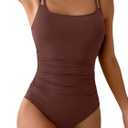 Eomenie One Piece Swimsuit for Women Tummy Control Ruched Bathing Suit Push Up Slimming Swim Suit Double Straps Swimwear (Brown), Large