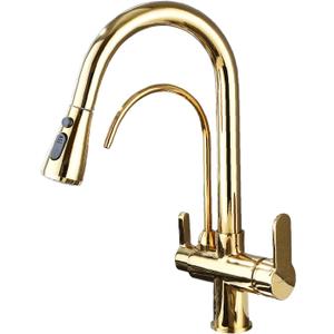 HUAHUALALA Kitchen Sink Faucet with Pull Down Sprayer 2 Handle 3 in 1 Water Filter Purifier Faucets, Brass Drinking Water Faucet Reverse Osmosis Gold