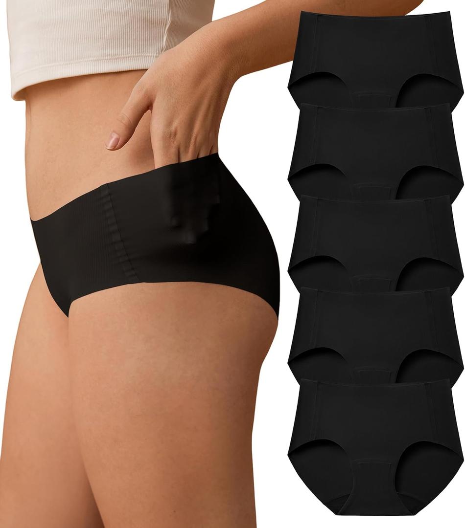 SHARICCA Womens Seamless Underwear No Show Hipster Panties Invisible Lightweight Nuage Bikinis Briefs Microfiber Pack (Large, All Black)