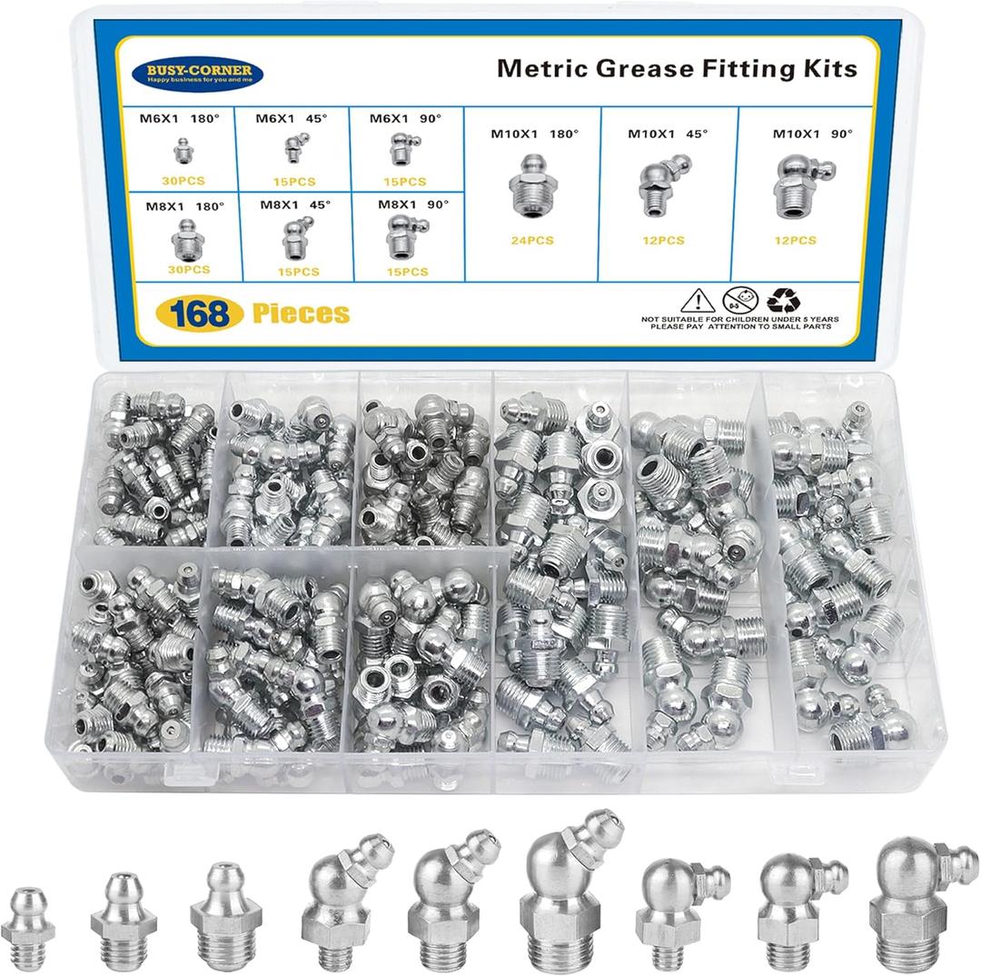 168 PCS Metric Hydraulic Grease Fittings Assortment, Grease Nipple Kit Standard With M6,M8,M10 Straight, 90 Degree, 45 Degree Angled