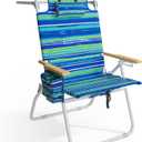Tall Beach Chairs for Adults, 17" High Backpack Beach Chair with Wooden Armrests, 5 Positions Reclining Heavy Duty Chair with Large Cooler Pouch, Support to 350LBS Striped Blue&Green, Pack of 1