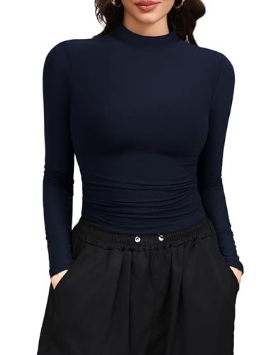 Laughido Women's Mock Neck Long Sleeve Slim Fit T-Shirt Casual Basic Crop Tops 2025 Fall Clothes (Dark Blue, Medium)