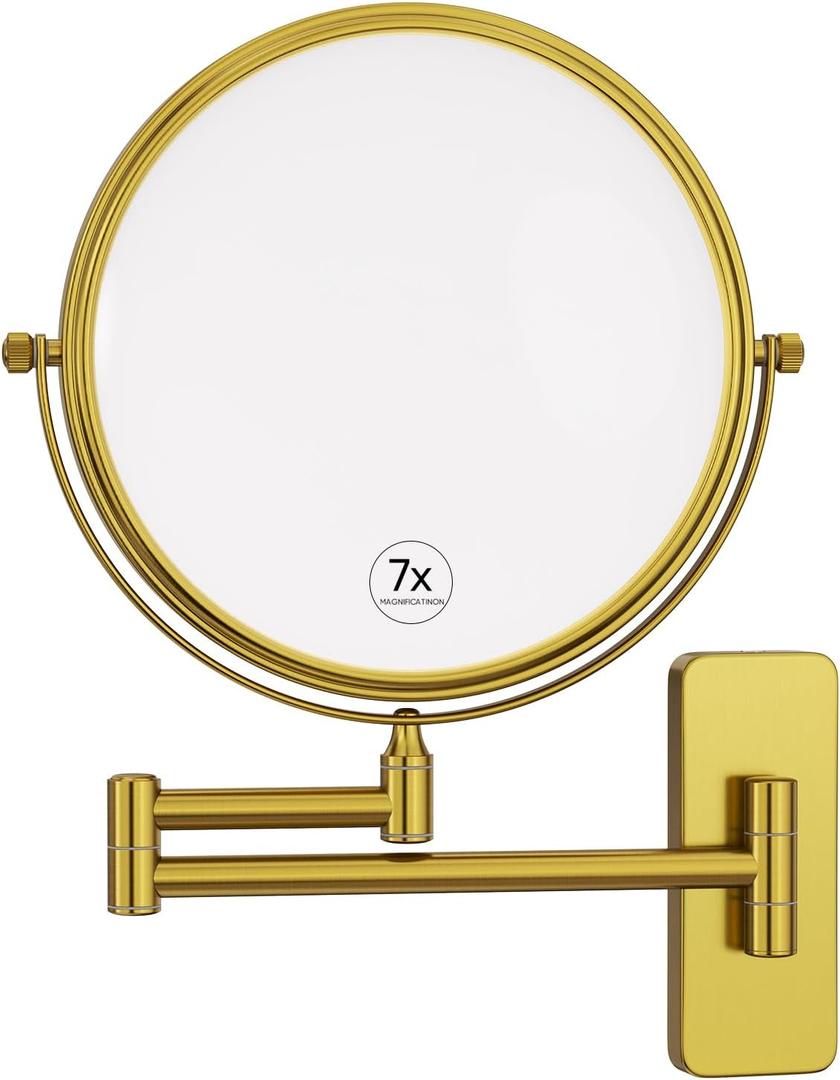 Nicesail Brass Make up Mirror Wall Mounted,1X and 7X Double-Sided Magnifying Mirror Brass Vanity Mirror for Bathroom Wall Extendable Swivel, Antique Brass Finish (8 Inch, 7X)