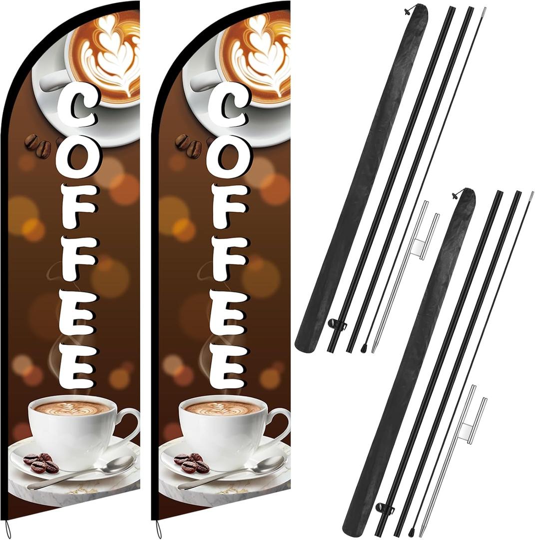 Remagr 2 Pcs 11 ft Coffee Feather Flag Coffee Advertising Swooper Banner with Pole and Ground Stake Windless Shop Sign Tall for Outdoor Business Advertising