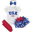 My 1st 4th July, Baby Outfit, White, 0-3 Months, Baby Girl Outfit Bunny Ruffle Short Sleeve Shirt Onesie Suspender Skirt Newborn Clothes+Headband