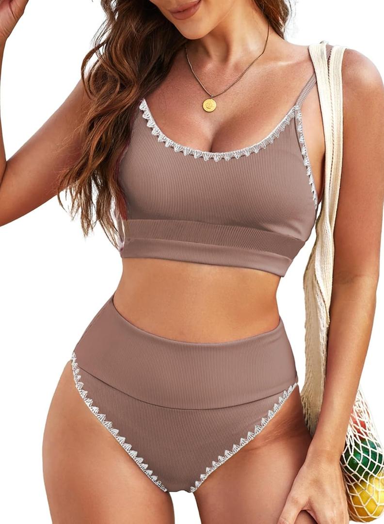Herseas Womem 2 Piece High Waisted Bikini Sets Color Block Popular Swimsuits 2026 Summer Beach Swim Best Bathing Suits (Medium, Brown Crochet Trim)