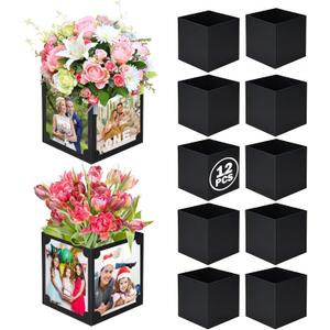 12 Pcs Picture Centerpiece for Table Photo Display, 7x7x9in Photo & Flower Table Centerpiece Picture Frame Box Suitable 4x6/5x7in Photo for Valentine's Day Graduation Birthday Wedding Decor (Black)