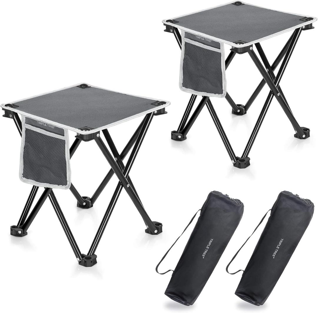 Triple Tree 2 Pack Folding Camping Stool, 13.8 Inch Small Portable Lightweight Stool with Side Pocket, Foot Stool with Carry Bag for Hiking, Fishing and Beach, Hold up to 400lbs, Grey