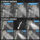 Veken High Pressure Rain Shower Head with Multi-Functions, Square Rainfall Shower Heads with 5-Mode Handheld Spray Combo, Detachable Hand Held Showerhead with Hose, Double Regaderas Para,Starlight