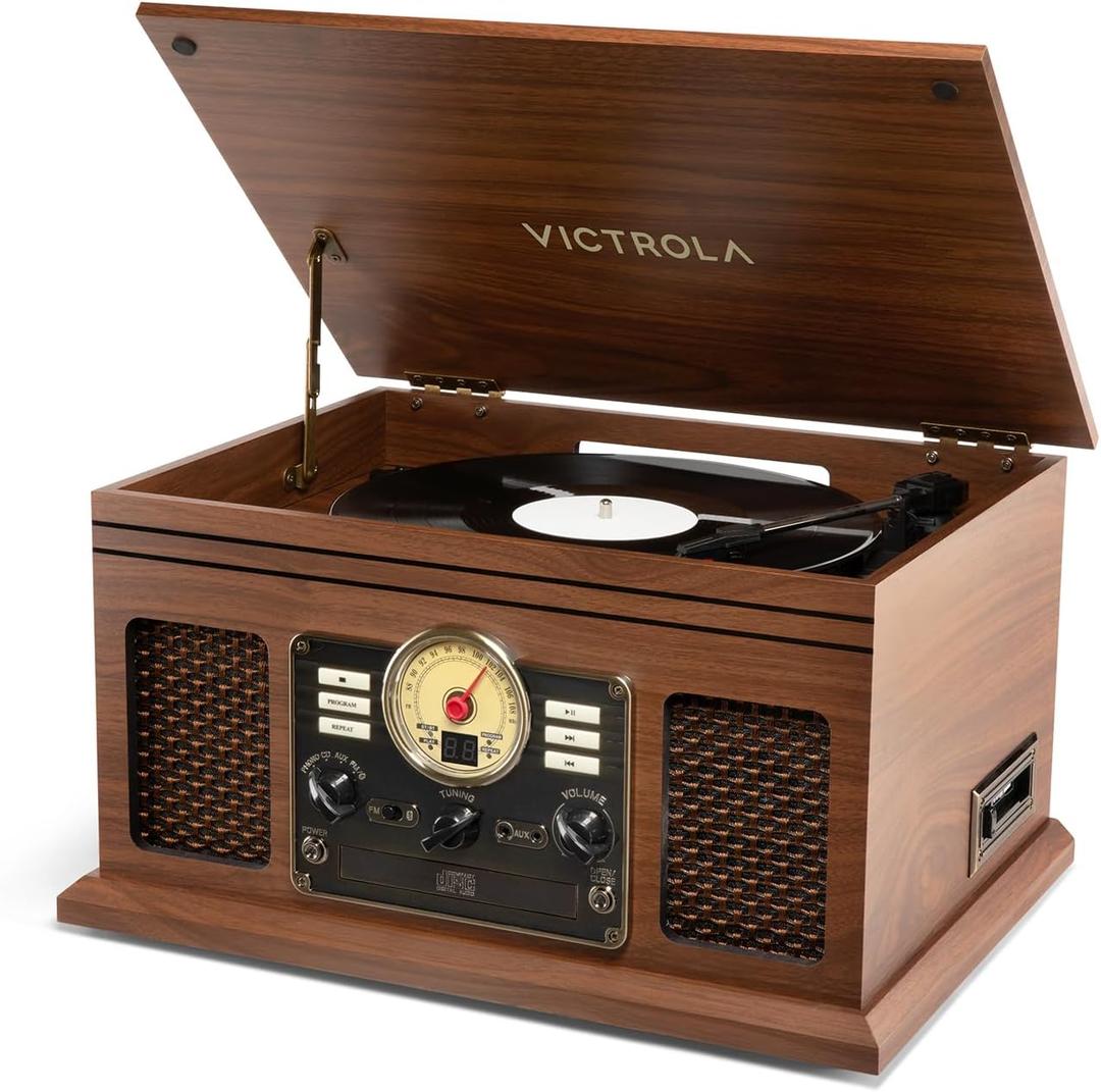 Victrola Quincy - 6-in-1 Bluetooth Record Player - Walnut | Plays vinyl, CD, cassette and FM radio through built-in stereo speakers, Bluetooth and aux streaming, headphone jack