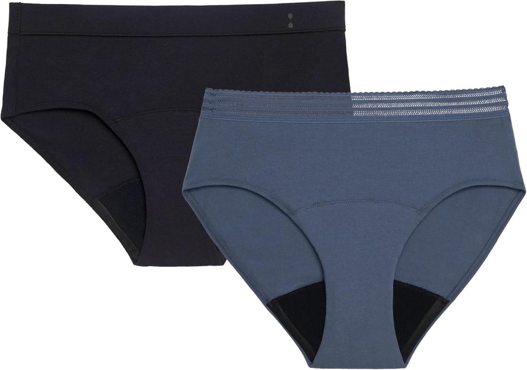 Thinx for All Period Underwear, Everyday Comfort Brief, Holds Up to 12 Regular Tampons*, Period Panties, Leakproof, Reusable & Controls Odor, Black + Storm with Lace, 2 Pack, S